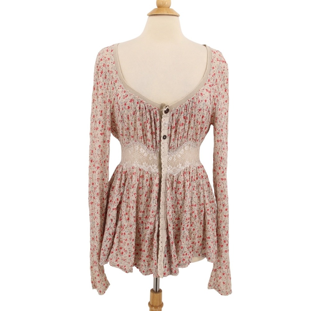 Free People Tunic Small Lace Knit snap up long sleeve boho grunge‎ Cottagecore